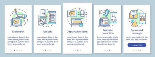 PPC channels onboarding mobile app page screen with linear concepts. Media marketing, ad networks walkthrough steps graphic instructions. UX, UI, GUI vector template with illustrations