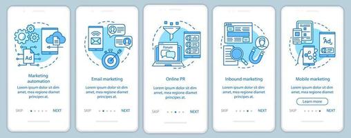 tácticas de marketing digital plantilla de vector de pantalla de página de aplicación móvil de incorporación azul. Pasos del sitio web del tutorial de la campaña publicitaria con ilustraciones lineales. concepto de interfaz de teléfono inteligente ux, ui, gui