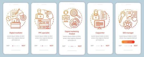 Digital marketing specialties orange onboarding mobile app page screen with linear concepts. SEO manager walkthrough steps graphic instructions. UX, UI, GUI vector template with illustrations