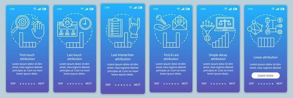 tipos de modelos de atribución incorporación de plantilla de vector de pantalla de página de aplicación móvil. diagramas, gráficos, paso a paso, pasos del sitio web con ilustraciones lineales. concepto de interfaz de teléfono inteligente ux, ui, gui