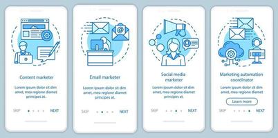 Especialidades de marketing digital Plantilla de vector de pantalla de página de aplicación móvil de incorporación azul. pasos del sitio web del tutorial de marketing de contenido con ilustraciones lineales. concepto de interfaz de teléfono inteligente ux, ui, gui