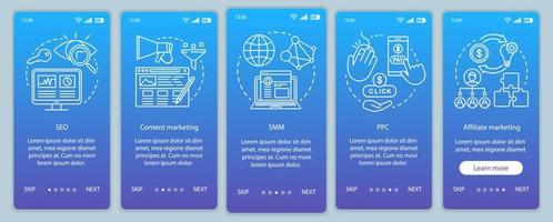 Digital marketing tactics blue onboarding mobile app page screen vector template. SEO, SMM, PPC walkthrough website steps with linear illustrations. UX, UI, GUI smartphone interface concept