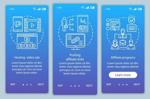 Affiliate marketing blue onboarding mobile app page screen vector template. Affiliate advertising walkthrough website steps with linear illustrations. UX, UI, GUI smartphone interface concept