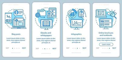 Awareness content blue onboarding mobile app page screen vector template. Blog posts, ebooks, infographics walkthrough website steps with linear illustrations. UX, UI, GUI smartphone interface concept