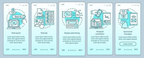 PPC channels turquoise onboarding mobile app page screen vector template. Media marketing, ad networks walkthrough website steps with linear illustrations. UX, UI, GUI smartphone interface concept