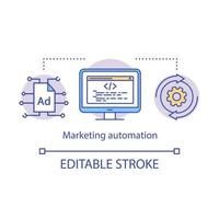 icono del concepto de automatización de marketing. Ilustración de línea fina de idea de táctica de marketing digital. plataforma tecnológica. optimización web, organización seo. dibujo de contorno aislado vectorial. trazo editable vector