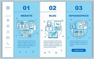 Channels for SEO onboarding mobile web pages vector template. Infographics. Responsive smartphone website interface idea with linear illustrations. Webpage walkthrough step screens. Color concept