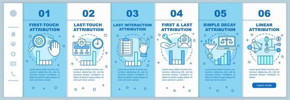 Attribution modeling types onboarding mobile web pages vector template. Responsive smartphone website interface idea with linear illustrations. Webpage walkthrough step screens. Color concept