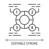 icono lineal del diagrama explicativo. visualización de datos estadísticos. anillo dividido en 4 sectores. partes del todo. Ilustración de línea fina. símbolo de contorno. dibujo de contorno aislado vectorial. trazo editable vector