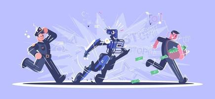 Robot police officer flat vector illustration. Human vs robotic policeman concept. Humanoid catching robber, thief cartoon characters on blue background. Criminal stolen money. Bank robbery