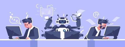 AI office worker flat vector illustration. Robotic employee vs stressed human managers concept. Robot working with laptops cartoon character. Artificial intelligence in workplace. Robotics revolution