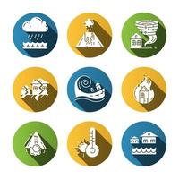 Natural disaster flat design long shadow glyph icons set. Global problem. Earthquake, wildfire, tsunami, tornado, avalanche, flood, downpour, volcanic eruption, drought. Vector silhouette illustration