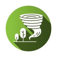 Tornado green flat design long shadow glyph icon. Twister. Cyclone. Natural disaster. Extreme weather condition. Destructive whirling wind. Storm spiral funnel, trees. Vector silhouette illustration