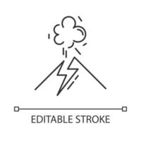 Volcanic eruption linear icon. Geothermal power. Active volcano explosion. Smoke emission from mountain. Thin line illustration. Contour symbol. Vector isolated outline drawing. Editable stroke