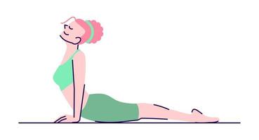 mujer practicando urdhva mukha svanasana ejercicio ilustración vectorial plana. práctica de yoga. Chica haciendo perro boca arriba plantean personaje de dibujos animados aislado con elementos de contorno sobre fondo blanco. vector