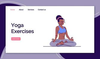 Yoga exercises landing page vector template. Stress management website interface idea with flat illustrations. Meditation homepage layout. Fitness training web banner, webpage cartoon concept