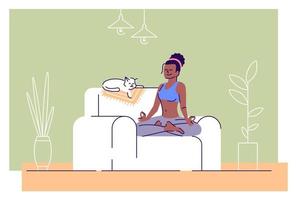 chica meditando en la ilustración de vector plano de posición de loto. manejo del estrés. armonía, equilibrio mental. Mujer tranquila y gato durmiendo en el sofá personaje de dibujos animados con elementos de contorno sobre fondo verde