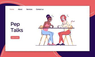 Pep talks landing page vector template. Women friendship website interface idea with flat illustrations. Chatting girls homepage layout. Conversation over coffee web banner, webpage cartoon concept