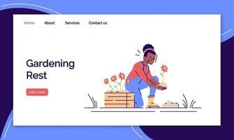 Gardening rest landing page vector template. Planting service website interface idea with flat illustrations. Hobby homepage layout. Girl holding seedling web banner, webpage cartoon concept