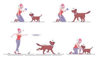 Woman playing with dog flat vector illustrations set. Active outdoor recreation. Happy caucasian girl and playful puppy isolated cartoon characters with outline elements on white background