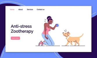 Antistress zootherapy landing page vector template. Animal assistance website interface idea with flat illustrations. Active leisure homepage layout. Dog breeding web banner, webpage cartoon concept