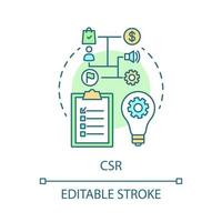 CSR strategy concept icon. Corporate social responsibility idea thin line illustration. Business planning. Management. Goal settings. Vector isolated outline drawing. Editable stroke