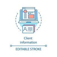 información del cliente, icono del concepto de datos. cuenta de usuario, página de perfil, idea de información personal del cliente ilustración de línea delgada. base de datos, almacenamiento de datos. dibujo de contorno aislado vectorial. trazo editable vector