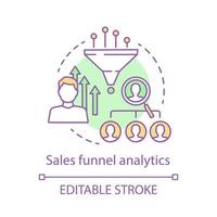 Sales funnel analytics concept icon. Conversions optimization thin line illustration. Customer attraction. Website traffic growth. Lead generation. Vector isolated outline drawing. Editable stroke