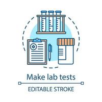 Lab tests concept icon. Laboratory analysis idea thin line illustration. Diagnostic lab. Tubes rack, medical report, tests jar. Vector isolated outline drawing. Editable stroke