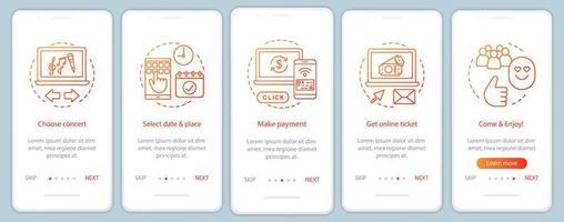 concierto onboarding plantilla de vector de pantalla de página de aplicación móvil. mostrar el pago de entradas en línea. evento musical. paso a paso del sitio web con ilustraciones lineales. concepto de interfaz de teléfono inteligente ux, ui, gui