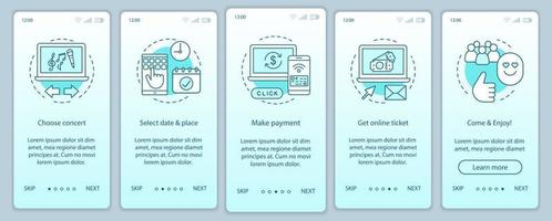 Concert onboarding mobile app page screen vector template. Performance online ticket payment. Musical event. Walkthrough website steps, linear illustrations. UX, UI, GUI smartphone interface concept