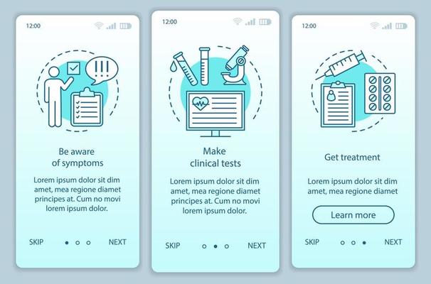 Medical screening onboarding mobile app page screen vector template. Make tests, get treatment. Walkthrough website steps with linear illustrations. UX, UI, GUI smartphone interface concept