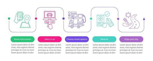 Car rental service vector infographic template. Automobile leasing. Carpooling. Rent a car. Data visualization with five steps and options. Process timeline chart. Workflow layout with icons