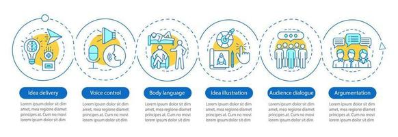 Public speaking skills vector infographic template. Idea delivery, body language, argumentation. Data visualization with six steps and option. Process timeline chart. Workflow layout with icons