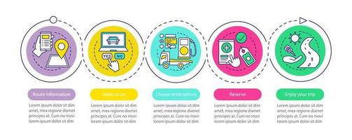 Plantilla de infografía de vector de servicio de alquiler de coches. arrendamiento de automóviles. compartir coche. alquilar un coche. visualización de datos con cinco pasos y opciones. gráfico de la línea de tiempo del proceso. diseño de flujo de trabajo con iconos