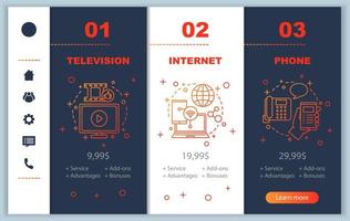 TV, internet, phone bundle onboarding mobile app screens with service prices. Walkthrough website pages templates. Communication services providers tariff plans steps. Smartphone payment web layout vector