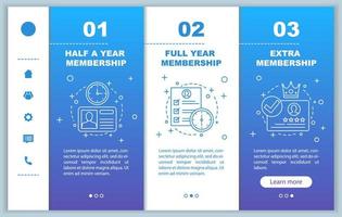 Membership prices onboarding mobile app screens vector templates. Tariff plans steps. Walkthrough website pages interface. Account registration. Smartphone subscription payment web page layout