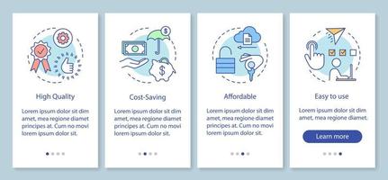 Benefits of technology onboarding mobile app page screen with linear concepts. Quality, cost-saving, affordable, walkthrough steps graphic instructions. UX, UI, GUI vector template with icons