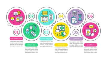 Plantilla de infografía de vector de curso de oratoria. formación de oratoria, habilidades, consejos, programa. visualización de datos con seis pasos y opción. gráfico de la línea de tiempo del proceso. diseño de flujo de trabajo con iconos