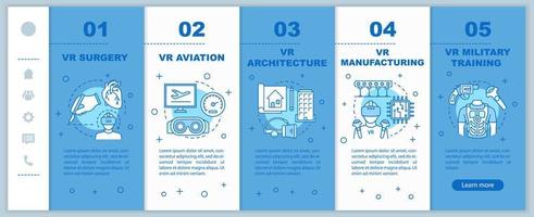 Virtual reality applying onboarding mobile web pages vector template. VR surgery, aviation, architecture. Responsive smartphone website interface idea. Webpage walkthrough step screens. Color concept