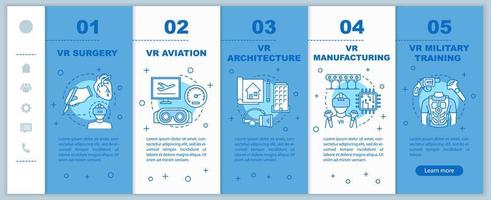 Realidad virtual aplicando la plantilla vectorial de páginas web móviles incorporadas. cirugía vr, aviación, arquitectura. idea de interfaz de sitio web de teléfono inteligente sensible. pantallas de pasos del tutorial de la página web. concepto de color vector
