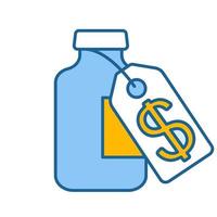 Vaccine price color icon. Medical vial with cost label. Pharmacy. Medications, drugs with dollar tag. Isolated vector illustration