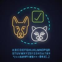 Pet friendly establishments neon light concept icon. Animal welfare idea. Glowing sign with alphabet, numbers and symbols. Vector isolated illustration