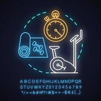 Fitness neon light concept icon. Sports training idea. Gym. Stationary bicycle, yoga carpet with dumbbells, stopwatch. Glowing sign with alphabet, numbers and symbols. Vector isolated illustration