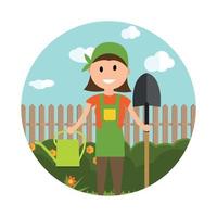 Garden Background Vector Illustration. Farmer Gardener Woman in Modern Flat Style