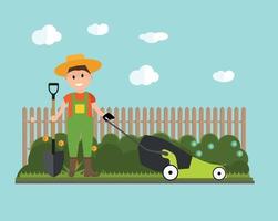 Garden Background Vector Illustration. Farmer GarGarden Background Vector Illustration. Farmer Gardener Man with Lawnmower in Modern Flat Styledener Man and Woman in Modern Flat Style