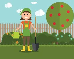 Ilustración de vector de fondo de jardín. mujer jardinero agricultor en estilo plano moderno