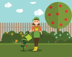 mujer jardinero agricultor con regadera y planta de tomate en la ilustración de vector de estilo plano moderno
