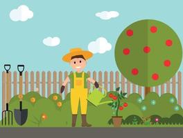 hombre jardinero agricultor con regadera y planta de tomate en la ilustración de vector de estilo plano moderno