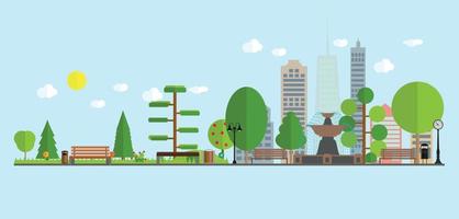 Flat cartoon style illustration of urban landscape street skyline city office buildings and Parks with trees. Vector Illustration